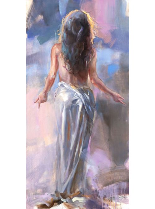 Awakening by Anna Razumovskaya is a hand-embellished limited edition giclee on canvas. This image features a young woman wrapped in a white cloth from the waist down. She is walking away from the viewer in a prayerful posture. The background is abstract pink, blue, and purple.