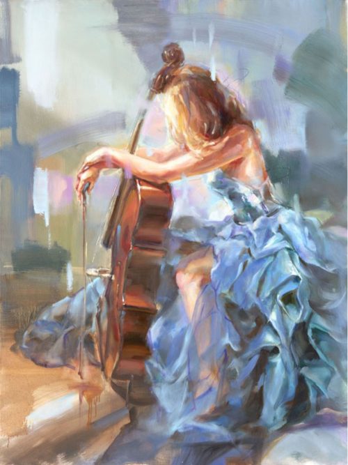 Blue Note III by Anna Razumovskaya is a hand-embellished limited edition giclee on canvas. This image features a young woman with a cello in an elegant blue evening gown with an abstract cool-tone background. The figure is resting on the instrument