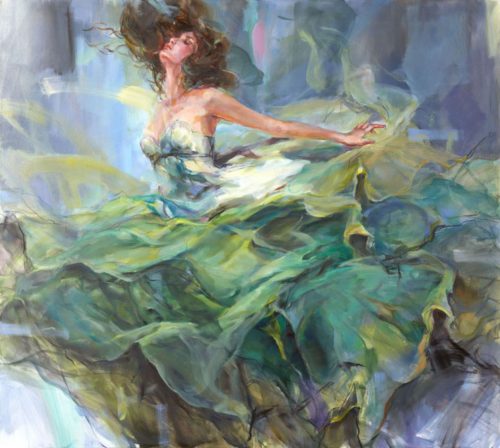 Breakaway I by Anna Razumovskaya is a hand-embellished limited edition giclee on canvas. This image features a young woman dressed in an elegant green gown with billowy skirts, giving an illusion of flight