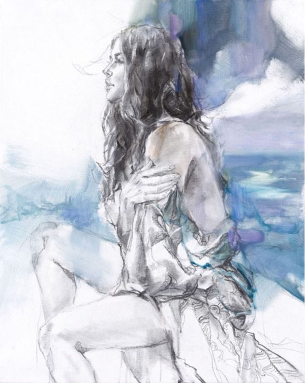 By the Sea by Anna Razumovskaya is a hand-embellished limited edition giclee on canvas. This image features a young woman wrapped in a loose towel looking into the distance with an abstract seascape as a backdrop. The figure is drawn in with charcoal in a gestural style.