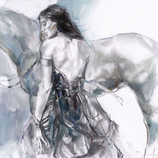 Champion by Anna Razumovskaya is a hand-embellished limited edition giclee on canvas. This image features a young woman with an open-backed dress standing infront of a horse. The figure is drawn in with charcoal in a gestural style.