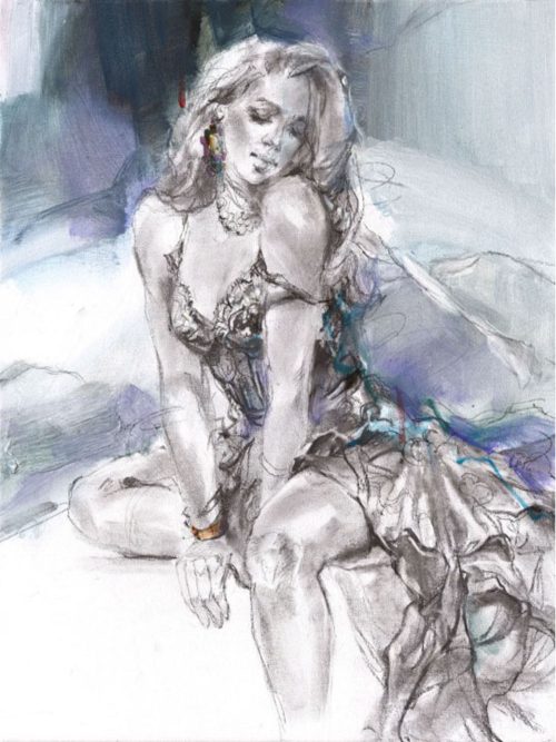 Daydream by Anna Razumovskaya is a hand-embellished limited edition giclee on canvas. This image features a young woman dressed in lacy lengerie with an abstract blue and white background. The figure is drawn in with charcoal in a gestural look