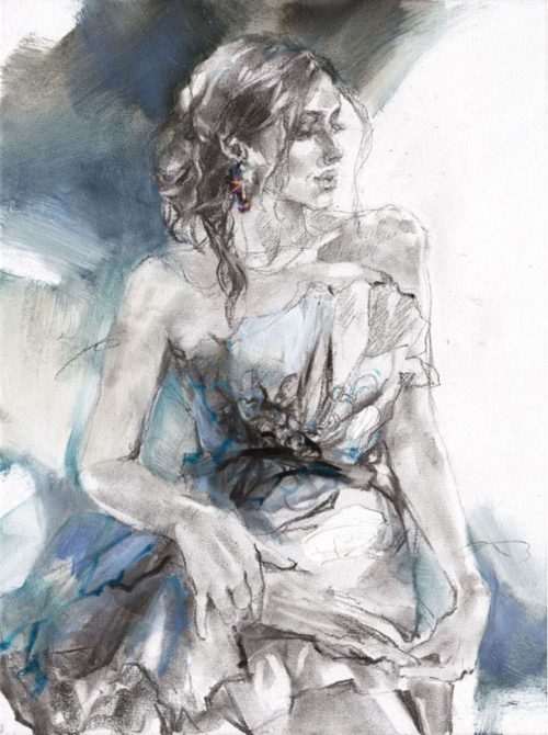 Don't See Why by Anna Razumovskaya is a hand-embellished limited edition giclee on canvas. This image features a young woman dressed in an elegant evening gown with an abstract blue and white background. The figure is drawn in with charcoal in a gestural style