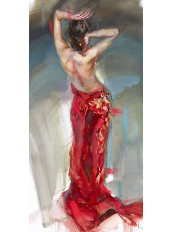 Firework by Anna Razumovskaya is a hand-embellished limited edition giclee on canvas. This image features a young woman dressed in a backless red dress. Facing away from the audience with her arms above her head.