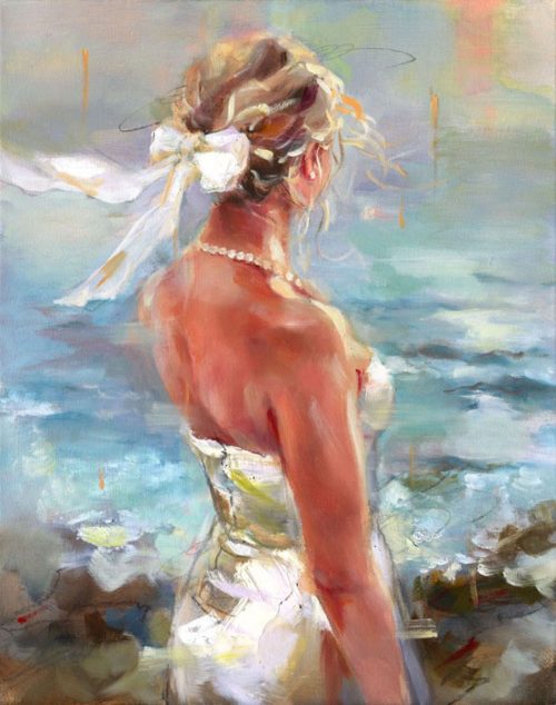 Hope by Anna Razumovskaya is a hand-embellished limited edition giclee on canvas. This image features a young blonde woman dressed in an elegant evening gown and white hair bow staring into an abstract beach and ocean scene.