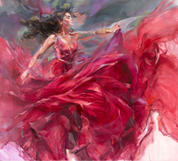 Letting Go by Anna Razumovskaya is a hand-embellished limited edition giclee on canvas. This image features a young woman dancing in a billowy red formal gown. The movement of the dress gives the impression of flight.