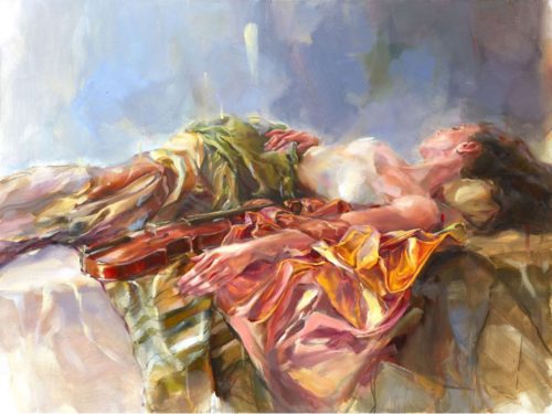 Liquid Gold by Anna Razumovskaya is a hand-embellished limited edition giclee on canvas. This image features a young woman dressed in an green and gold skirt, lounging next to her violin.
