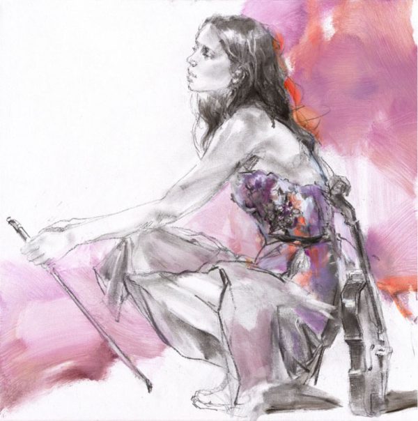 Moment of Reflection by Anna Razumovskaya is a hand-embellished limited edition giclee on canvas. This image features a young woman with a violin dressed in a purple evening gown with an abstract pink background. The figure is drawn in with charcoal in a gestural look