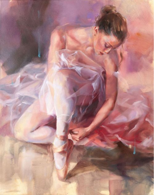 My Everything by Anna Razumovskaya is a hand-embellished limited edition giclee on canvas. This image features a young ballerina en pointe, adjusting her shoe.