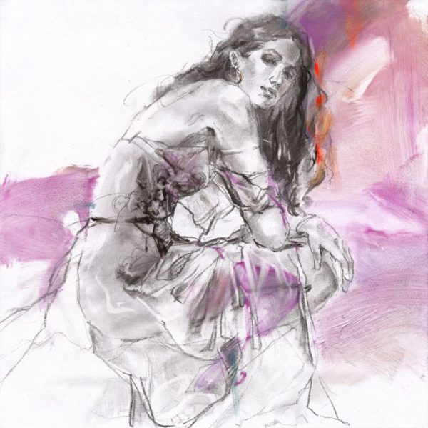 Pink Haze by Anna Razumovskaya is a hand-embellished limited edition giclee on canvas. This image features a young woman dressed in a purple evening gown with an abstract pink background. The figure is drawn in with charcoal in a gestural look
