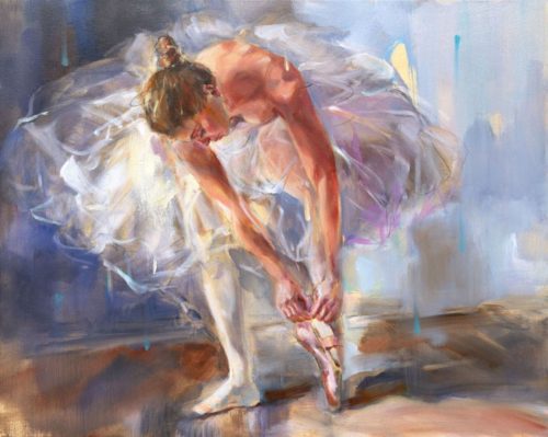 Point of Grace I by Anna Razumovskaya is a hand-embellished limited edition giclee on canvas. This image features a young ballerina lacing up her pointe shoes.