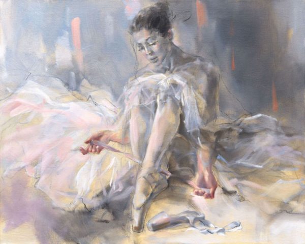 Point of Grace II by Anna Razumovskaya is a hand-embellished limited edition giclee on canvas. This image features a young ballerina lacing up her pointe shoes. The figure is drawn in with charcoal in a gestural style