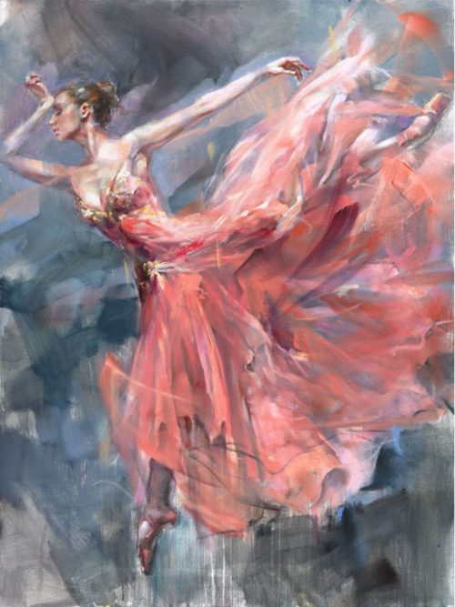 Rare Flower II by Anna Razumovskaya is a hand-embellished limited edition giclee on canvas. This image features a young female ballerina en pointe in a long flowy pink gown.