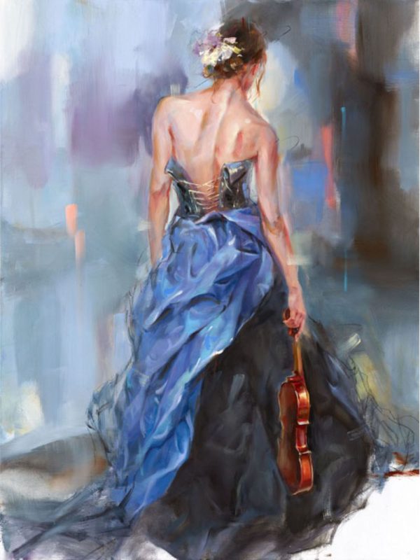 Serenade in Blue III by Anna Razumovskaya is a hand-embellished limited edition giclee on canvas. This image features a young woman dressed in an elegant corset-back gown with an abstract blue background. She loosely holds her violin, and paired with the loosened corset strings, it gives a relaxed aura.