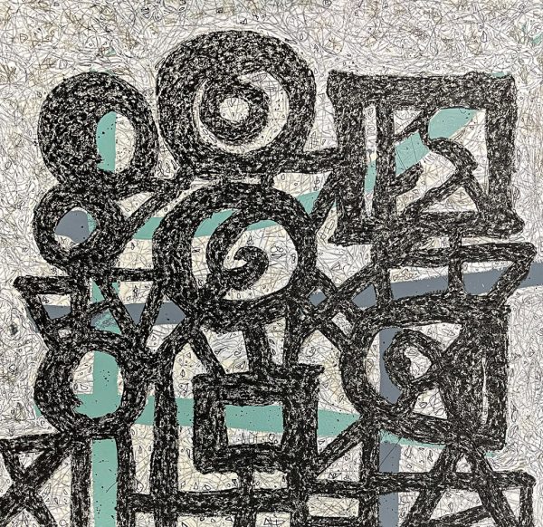 Shapes of Premonitions by Rodney E. Denne is an abstract oil painting with textured bold geometric shapes atop a white background with delicate black lines with teal and gray details