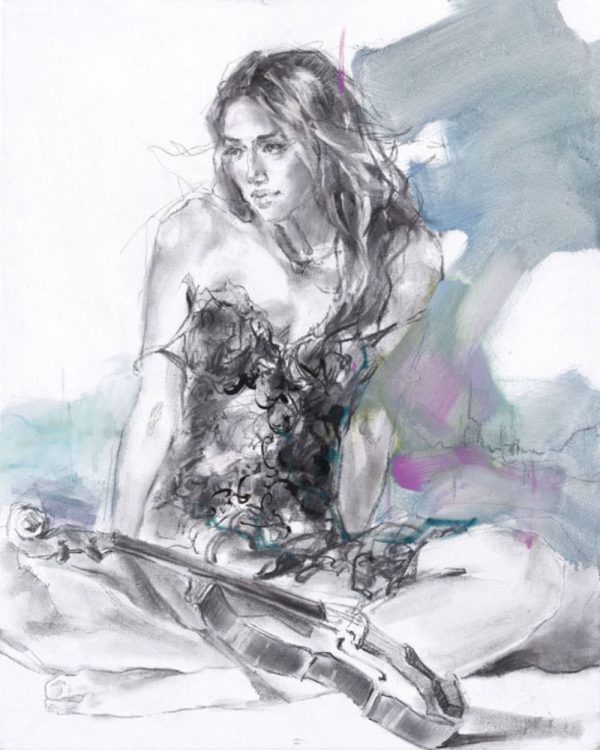Splendido by Anna Razumovskaya is a hand-embellished limited edition giclee on canvas. This image features a young woman with a violin dressed in a lacy bousiter with an abstract blue background. The figure is drawn in with charcoal in a gestural look