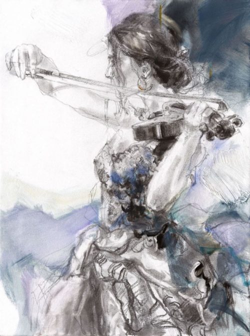 Spring Solo by Anna Razumovskaya is a hand-embellished limited edition giclee on canvas. This image features a young woman playing a violin dressed in an elegant evening gown with an abstract blue and white background. The figure is drawn in with charcoal in a gestural style.