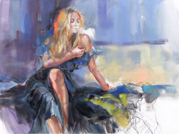 Strapless by Anna Razumovskaya is a hand-embellished limited edition giclee on canvas. This image features a young woman dressed in an elegant evening gown with an abstract blue and purple background. The ends of her skirts are drawn in with charcoal in a gestural style