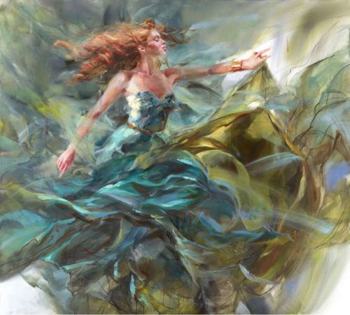 The Beauty of Movement by Anna Razumovskaya is a hand-embellished limited edition giclee on canvas. This image features a young woman spinning a flowing green an teal skirt - giving the illusion of flying.