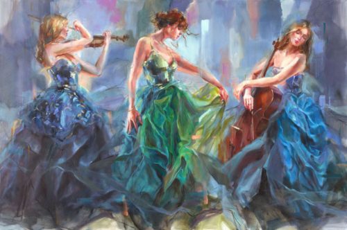 Three Angels by Anna Razumovskaya is a hand-embellished limited edition giclee on canvas. This image features three young woman, one with a violin and one with a cello dressed in elegant evening gowns with an abstract blue background. The middle figure is dancing to the music.