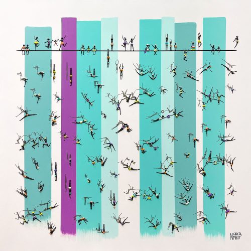 Leap into Bliss by Nuria Garcia Miro at Art Leaders Gallery is an original painting of small people diving into an abstract waterfall. The figures are wearing swimsuits, bathing suits, and innertubes, having a fun summer adventure