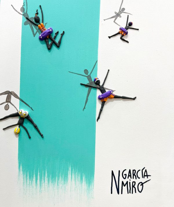 Leap into Bliss by Nuria Garcia Miro at Art Leaders Gallery is an original painting of small people diving into an abstract waterfall. The figures are wearing swimsuits, bathing suits, and innertubes, having a fun summer adventure