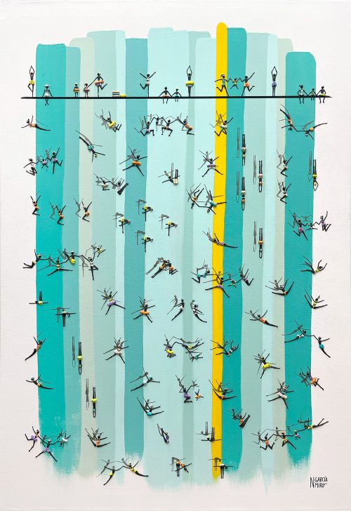 Leaps of Faith I by Nuria Garcia Miro at Art Leaders Gallery is an original painting of small people diving into an abstract waterfall. The figures are wearing swimsuits, bathing suits, and innertubes, having a fun summer adventure