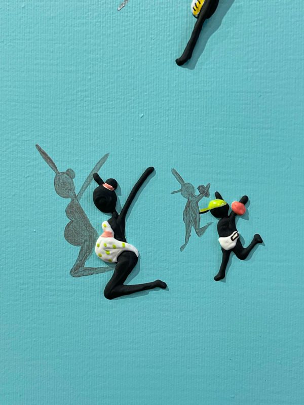 Summertime by Nuria Garcia Miro at Art Leaders Gallery is an original painting of small people diving into an abstract swimming pool. The figures are wearing swimsuits, bathing suits, and innertubes, having a fun summer adventure