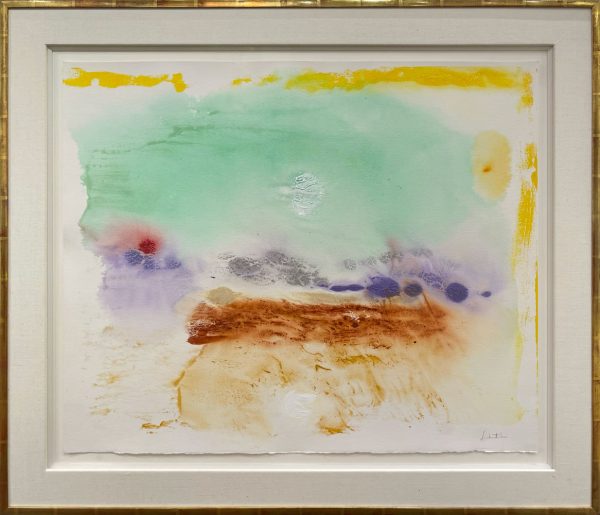 Untitled, 1997 by Helen Frankenthaler is an original acrylic painting on paper. This abstract painting has browns, teals, yellows and purples .Framed with a white linen mat and thin gold leaf frame.