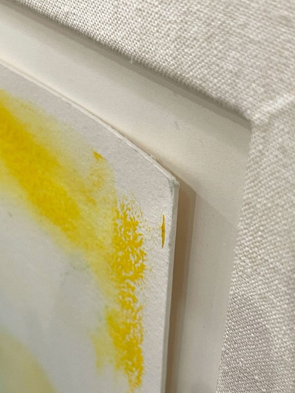 Untitled, 1997 by Helen Frankenthaler is an original acrylic painting on paper. This abstract painting has browns, teals, yellows and purples .Framed with a white linen mat and thin gold leaf frame.
