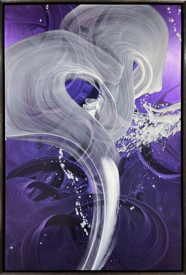 Cosmic Illusion by Antonio Velfín at Art Leaders Gallery, This contemporary, abstract, original painting has a metallic background that changes color when viewed from different angles. Framed in a black/pewter floater frame.