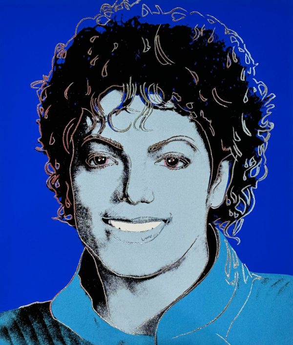 Blue portrait of Michael Jackson. This portrait is of the late "King of Pop" Michael Jackson during his iconic "Thriller" era. Jackson won a record eight Grammys for the Thriller album in 1984, the same year the original portrait was produced. It then went on to be the cover of TIME magazine on March 19, 1984, just a few weeks after his iconic Grammy win. This work is embellished with diamond dust to highlight to the pop flair of the iconic musician. 