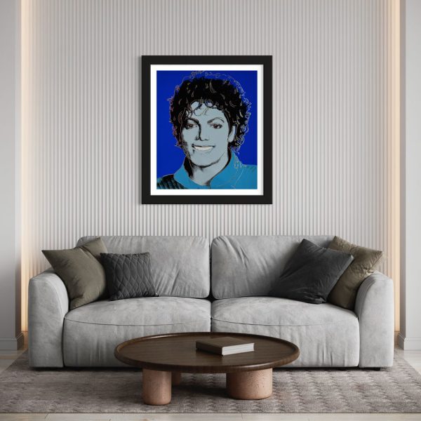 Blue portrait of Michael Jackson. This portrait is of the late "King of Pop" Michael Jackson during his iconic "Thriller" era. Jackson won a record eight Grammys for the Thriller album in 1984, the same year the original portrait was produced. It then went on to be the cover of TIME magazine on March 19, 1984, just a few weeks after his iconic Grammy win. This work is embellished with diamond dust to highlight to the pop flair of the iconic musician. 