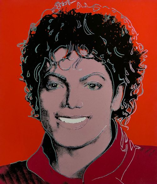 Red portrait of Michael Jackson. This portrait is of the late "King of Pop" Michael Jackson during his iconic "Thriller" era. Jackson won a record eight Grammys for the Thriller album in 1984, the same year the original portrait was produced. It then went on to be the cover of TIME magazine on March 19, 1984, just a few weeks after his iconic Grammy win. This work is embellished with diamond dust to highlight to the pop flair of the iconic musician. 