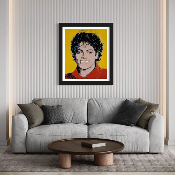 Yellow portrait of Michael Jackson. This portrait is of the late "King of Pop" Michael Jackson during his iconic "Thriller" era. Jackson won a record eight Grammys for the Thriller album in 1984, the same year the original portrait was produced. It then went on to be the cover of TIME magazine on March 19, 1984, just a few weeks after his iconic Grammy win. This work is embellished with diamond dust to highlight to the pop flair of the iconic musician. 