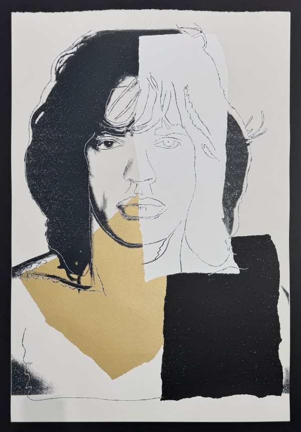 Warhol's portrait of Rolling Stone Mick Jagger. Silk Screen with diamon dust embellishemnts. Andy Warhol and Mick Jagger met in 1964, when the Rolling Stones were relatively unknown in the United States. Their creative collaboration was solidified when Jagger asked Warhol to design the album cover for Sticky Fingers (1971).  Although the artist admired many of his portrait subjects from afar, he had a personal relationship with Jagger. This relationship peaked in Warhol’s iconic 10-print portfolio of Jagger’s face in 1975. Depicting the rock star in a variety of poses, the portraits feature abstract blocks of opaque color, sometimes covering the singer’s face. As a result, the print has a collage-like appearance.
