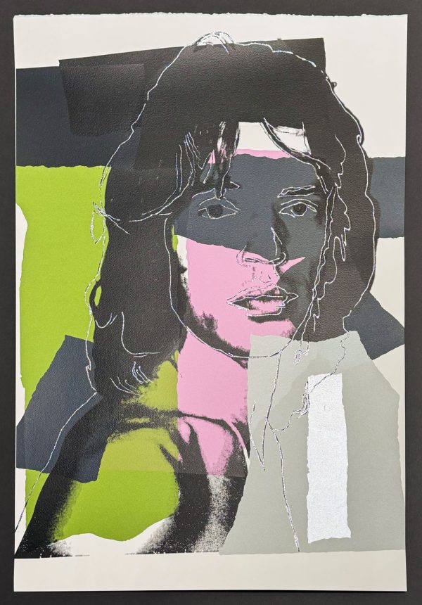 Warhol's portrait of Rolling Stone Mick Jagger. Silk Screen with diamon dust embellishemnts. Andy Warhol and Mick Jagger met in 1964, when the Rolling Stones were relatively unknown in the United States. Their creative collaboration was solidified when Jagger asked Warhol to design the album cover for Sticky Fingers (1971).  Although the artist admired many of his portrait subjects from afar, he had a personal relationship with Jagger. This relationship peaked in Warhol’s iconic 10-print portfolio of Jagger’s face in 1975. Depicting the rock star in a variety of poses, the portraits feature abstract blocks of opaque color, sometimes covering the singer’s face. As a result, the print has a collage-like appearance.