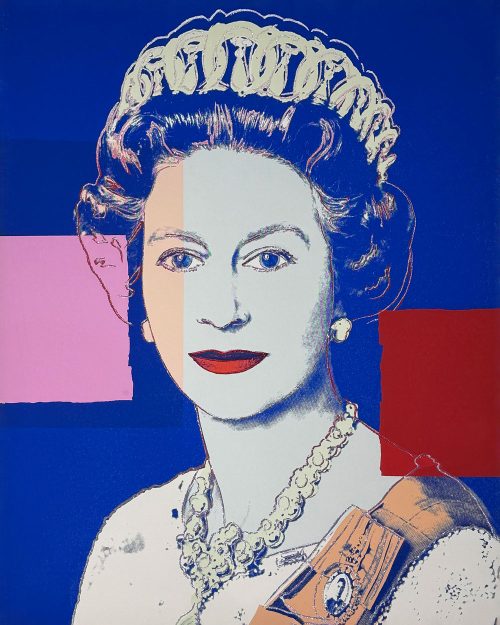 Queen Elizabeth of the United Kingdom. Original image by Andy Warhol. Published by Herman Wünsche - Bonn Germany 1985. Archival print on heavy weight paper embellished with diamond dust outlining the queen's shillouette. Andy Warhol was a pop artist of the mid 20th century. The longest reigning monarch of the United Kingdom is memorialized in this archival print on paper. Additionally, the work is embellished with diamond dust to highlight her regal jewels. The original image was created as a suite by Andy Warhol titled Reigning Queens (Royal Edition).