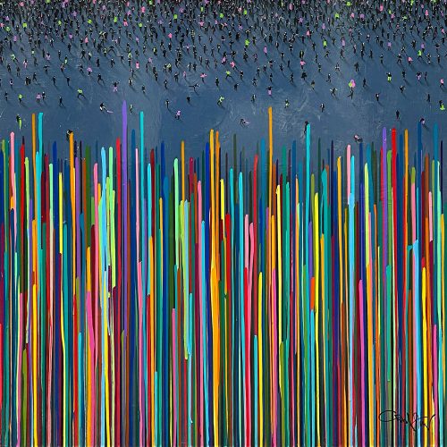 Sunny Striations Original Mixed Media by Craig Alan at Art Leaders Gallery. 48x48 mixed media on 2.75 inch board. Colorful paint drips with populus crowds.