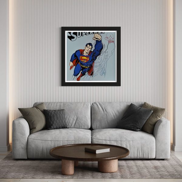 homage to DC Comic's Man of Steel.  At eight years old, Warhol was diagnosed with an autoimmune disease which caused him to be bedridden for months. To cope with his illness and subsequent school-yard bullying, he escaped into the world of Clark Kent and Lois Lane. Warhol's original screenprint image was created in 1981 as a part of his "Myths" series to pay tribute to his childhood hero. This archival print version features a double image of the mighty hero in blue and red diamond dust.