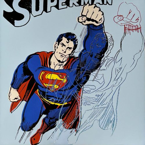 Superman with Diamond Dust After Andy Warhol. Andy Warhol's homage to DC Comic's Man of Steel.  At eight years old, Warhol was diagnosed with an autoimmune disease which caused him to be bedridden for months. To cope with his illness and subsequent school-yard bullying, he escaped into the world of Clark Kent and Lois Lane. Warhol's original screenprint image was created in 1981 as a part of his "Myths" series to pay tribute to his childhood hero. This archival print version features a double image of the mighty hero in blue and red diamond dust.