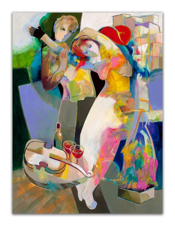 Dream in Love Limited edition by Hessam Abrishami. Brightly colored Cubist style scene of two lovers romancing with wine and a violin.