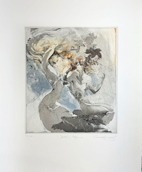 Vivaldi: Autumn by Jurgen Gorg. Inspired by Vivaldi's Four Seasons, this etching represents Autumn with warm, fall colors and hints of blue as winter creeps in