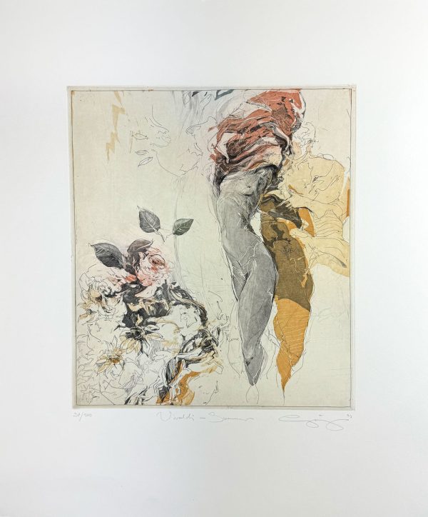 Vivaldi: Summer by Jurgen Gorg. Inspired by Vivaldi's Four Seasons, this etching represents Summer with warm, saturated colors and beautiful blooming roses