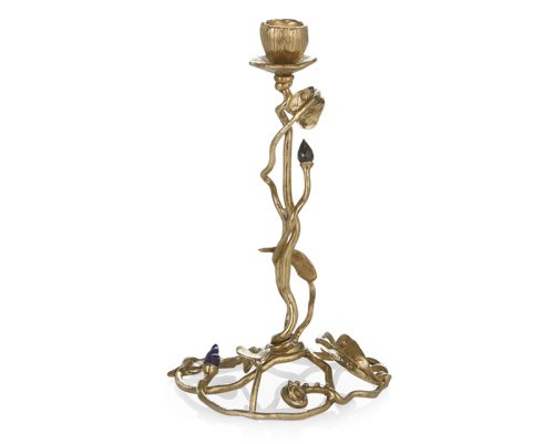 Enchanted Garden Candle Holder, Item #122924 Michael Aram  Enchanted Garden is a collection inspired by the magical quality of spring. Sculpts of intertwined vines and stems gracefully emerge from a fantasy garden adorned with snails and semi-precious stones, while a morning mist of textured stainless steel and dew drops made of Austrian crystals add a sense of narrative, whimsy, and opulence. Each Michael Aram metal object undergoes a series of grinding, buffing, and polishing techniques. Variations or 'imperfections' in the product's finish are characteristic of the creation process. Due to this handmade nature, no two pieces are ever exactly alike. Materials: Natural Brass, Precious Stones, Swarovski Crystals Medium: Granite, Nickelplate, Natural & Oxidized Brass Price: $295.00 | RETIRED - LAST TWO LEFT Size: 9.25"H