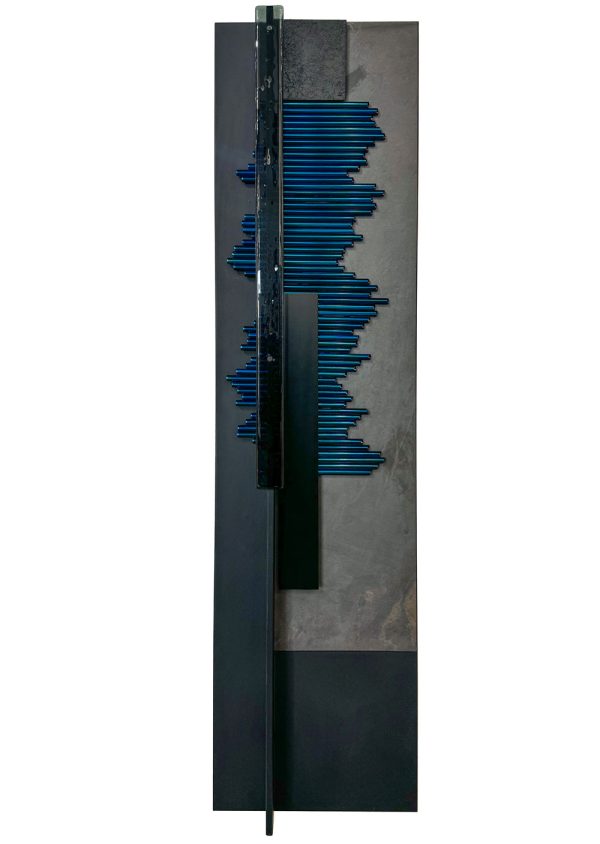 Blue Reeds by Dane Porter at Art Leaders Gallery. Two mixed media metal wall sculptures with black glass, blue aluminum tubes and steel creating a geometric pattern within a tall rectangle.
