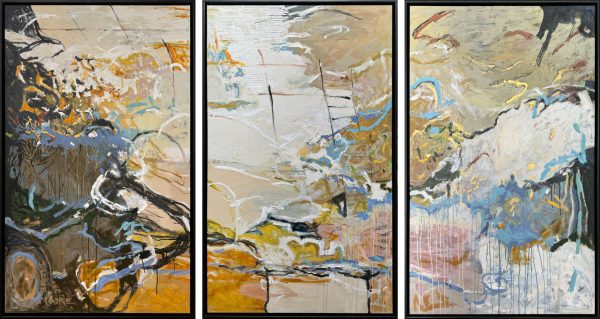 Climbing Bayou by Debbie Moore at Art Leaders Gallery is a colorful, abstract triptych framed in a contemporary black floater frame.