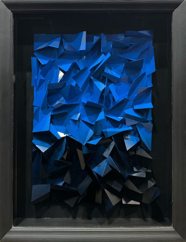 Cobalt Trance by Dane Porter at Art Leaders Gallery. Abstract metal sculpture vertical diptych with a black frame. Cobalt Blue to Black gradient.