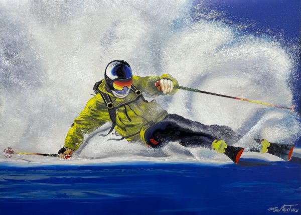 Extreme Skiers: Competition Action Limited Edition by Steve Tracy at Art Leaders Gallery. Hand-Embellished giclee on canvas of a skier in action. Spraying up fresh powdered snow, racing down the hill. Male skier in a bright green coat