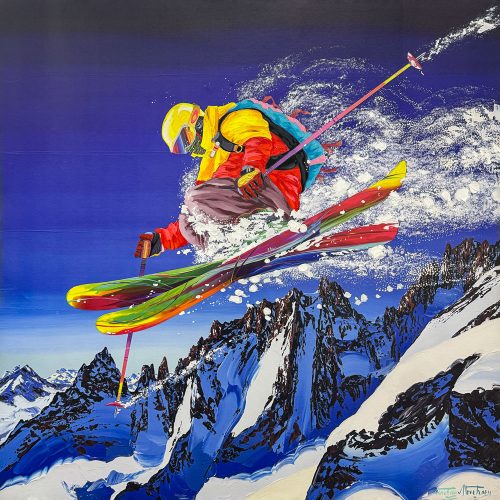 Extreme Skiers: Descent of Faith Limited Edition by Steve Tracy at Art Leaders Gallery. Hand-Embellished giclee on canvas of a skier in action. Skiier in a yellow and red coat mid-flight in a jump with a background of snowy mountains.